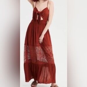 American Eagle Medium Short Dress Tie Front Maxi Rust Sleeveless Lace Detail